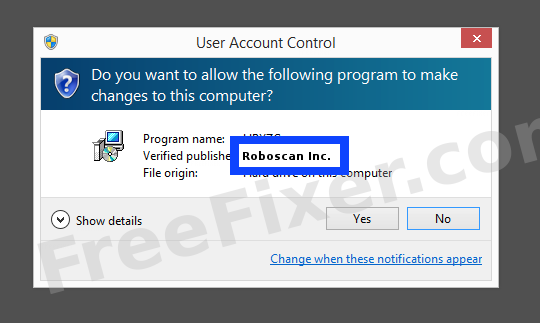 Screenshot where Roboscan Inc. appears as the verified publisher in the UAC dialog